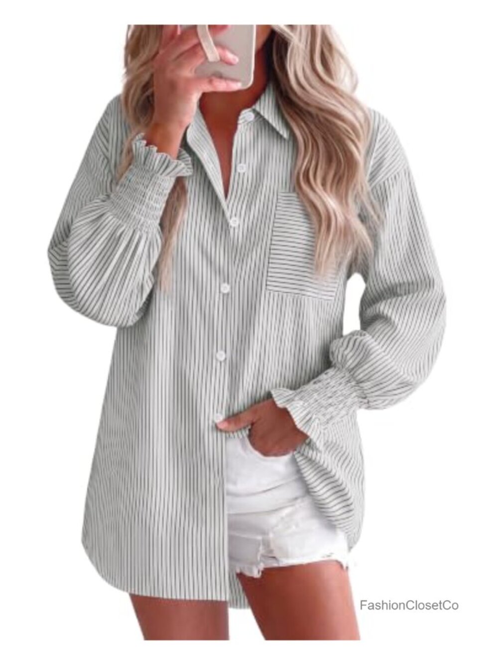 Women's Oversized Button Down Shirt Striped Smocked Cuff Long Sleeve Blouse